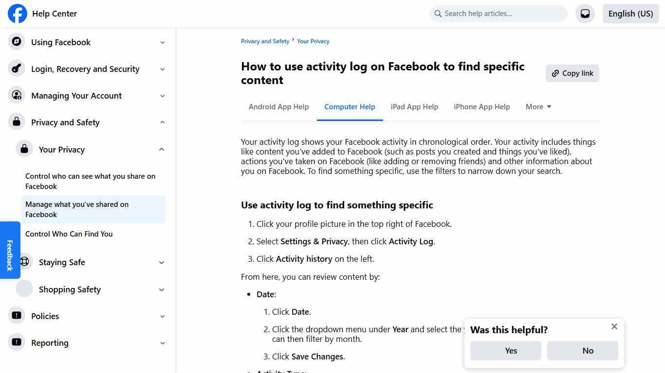 How to use activity log on Facebook to find specific content Facebook Help Center